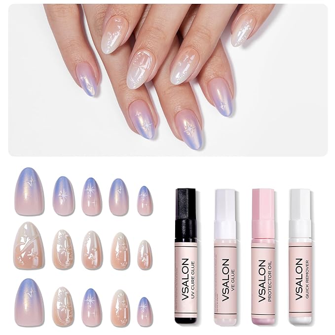 VSALON Press-On Nails Short Almond, 42 PCS Chrome Ombre 3D Star Fake Nails, 32 Main Nails in 16 Sizes & 10 Alternative Nails, Gel Reusable Glue On Nail Set with Full Tool Kit