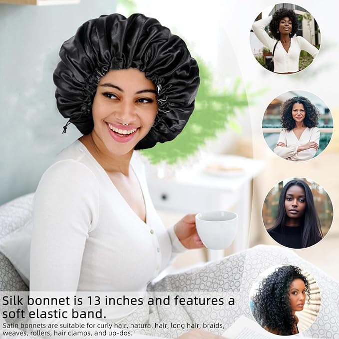 Satin Silk Bonnet for Curly Hair Bonnet Braid Bonnet for Sleeping Bonnets for Women Large Double-Layer Adjustable(Black&Champagne)