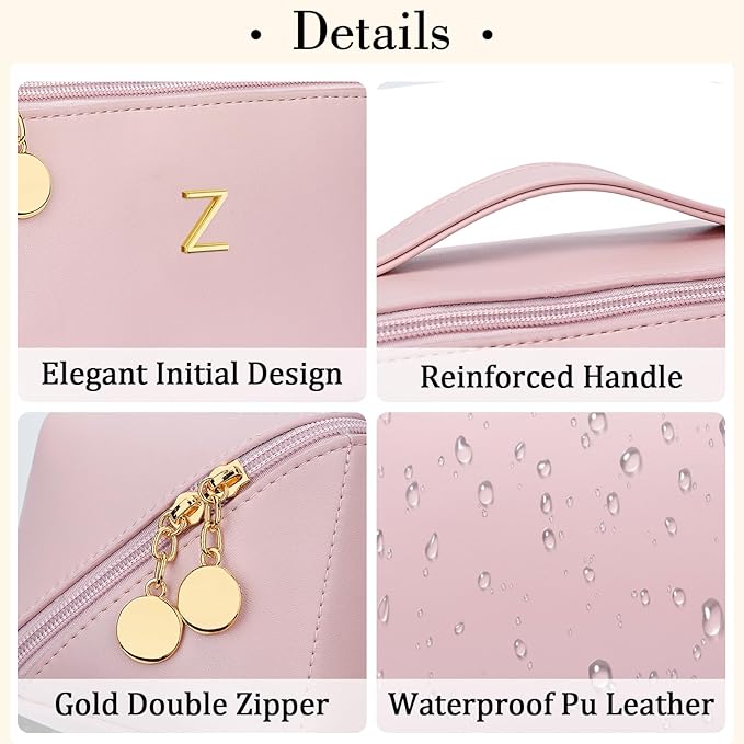 Gifts for Women Bridesmaid Gifts Personalized Initial Makeup Bag PU Leather Cosmetic Waterproof Travel Toiletry Bag (Medium)