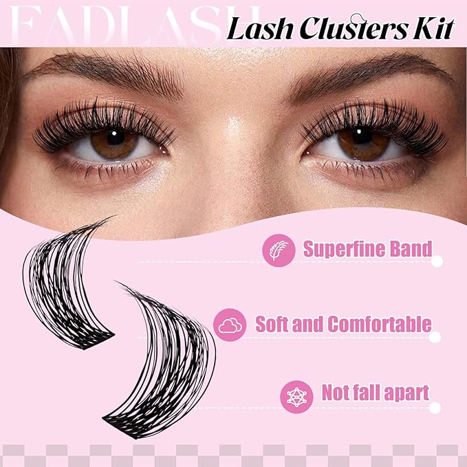 FADLASH Lash Clusters Kit DIY Lash Extension Kit D Curl 0.07 Natural Eyelash Extension Clusters Wispy Lash Clusters with Lash Bond and Seal Lash Tweezer for Self Application(F34-0.07D, 8-16mm Kit)