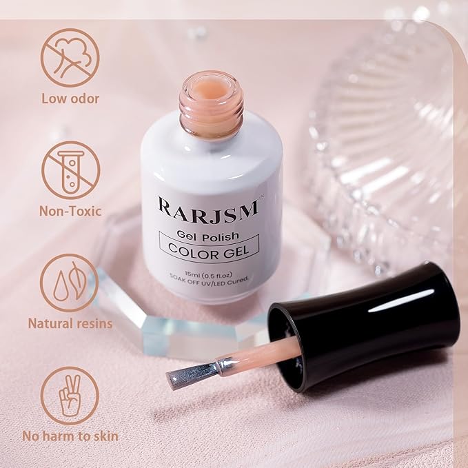 RARJSM Nude Pink Gel Nail Polish with White Silver Pearl Shell Glitter Clear Sheer White Shimmer Gel Polish 15ml UV LED Soak Off Transparent Skin Color Home Salon French Manicure Curing Requires
