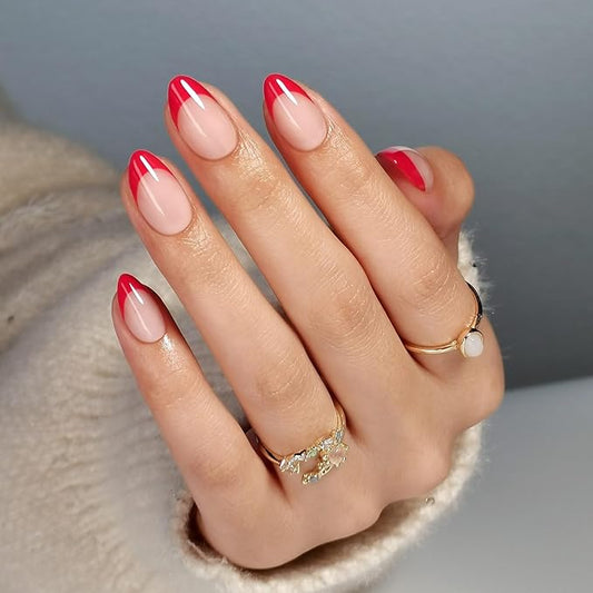 SHANGMENG Red French Tip Press on Nails Short - Soft Gel Valentines Almond Nails for Women Gift, Fit Perfectly & Natural Glue on Nails with Glue in 16 Sizes - 32 Reusable Fake Nails, Red French