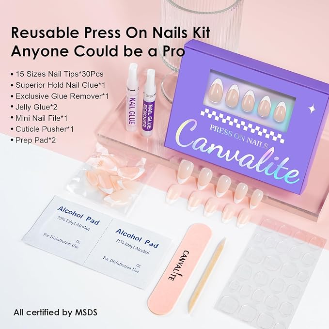 Canvalite French Tip Press On Nails, 30Pcs Short Almond Press on Nails Reusable Acrylic Fake Nails with Glue & Glue Remover Easy to Use Manicure Kit for Women, White