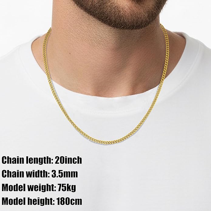 Fiusem 3.5mm Cuban Link Chains for Men, Silver Tone/Black/14K Gold Plated Stainless Steel Necklace Chain, Mens Necklace 16, 18, 20, 22, 24, 26, 28 Inch