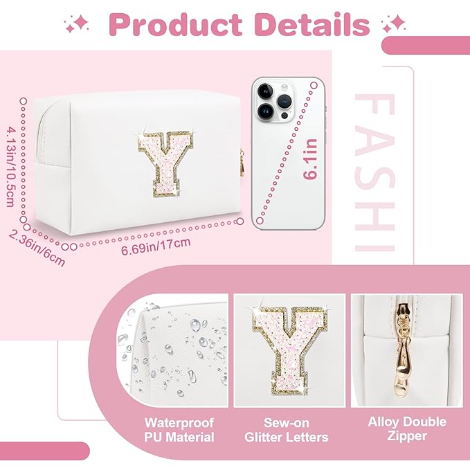 Small Initial Patch Makeup Bag Personalized Gifts Make Up Bag,White Cute PU Leather Glitter Letter Cosmetic Bag with Zipper,Trendy Portable Travel Toiletry Pouch,Preppy Stuff for Teen Girls Women Y