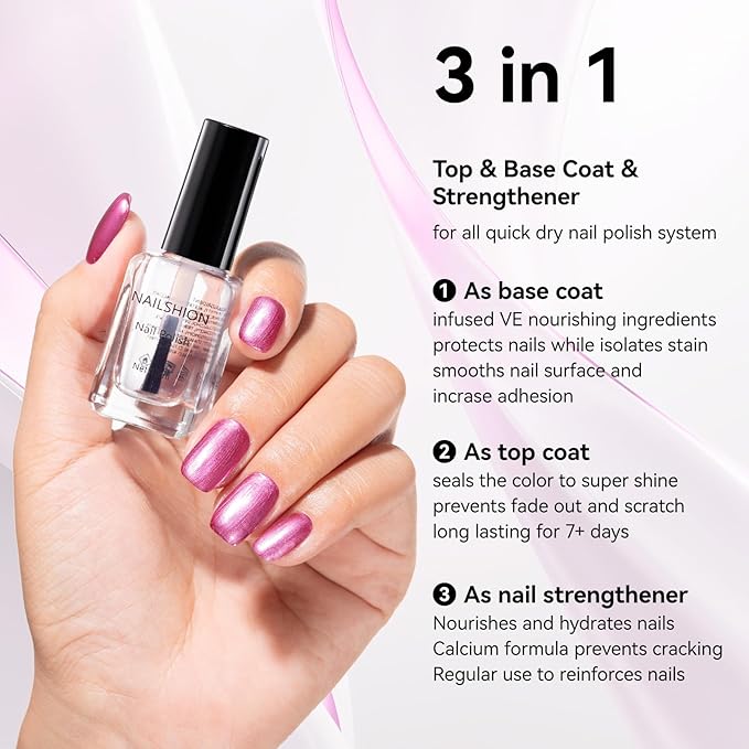 Nailshion Metallic Purple Rose Nail Polish with Base Top Coat 3-in-1 Clear Fast Air Dry Fingernail Polish Duo, Non-Gel, Nail Strengthener Polishes, Opaque, Glossy Luxury Nail Art Gift for Women Girls
