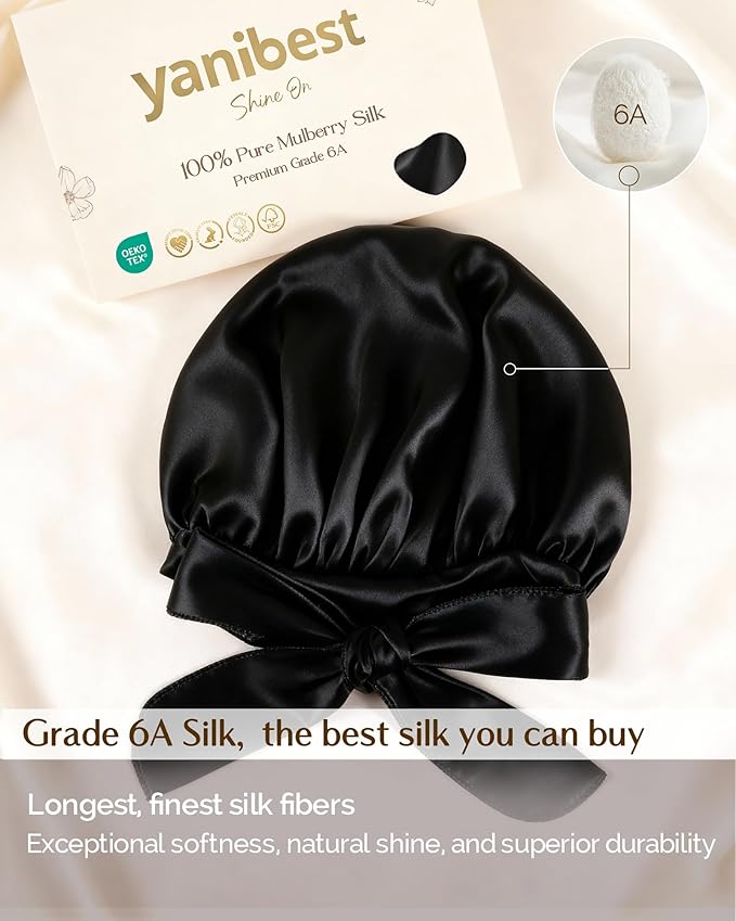 YANIBEST 22 Momme 100% Mulberry Silk Bonnet for Sleeping Women Double Layer Sleep Bonnet with Tie Band, Sleep Cap