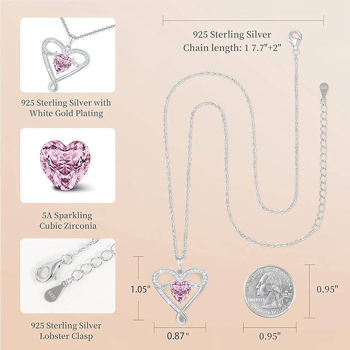 Yuelove Infinity Necklace for Women, 925 Sterling Silver Heart Necklace with 5A Zircon, White Gold Plated Adjustable Chain, Gift for Valentine's Day, Birthday, Anniversary for Wife, Girlfriend, Mom