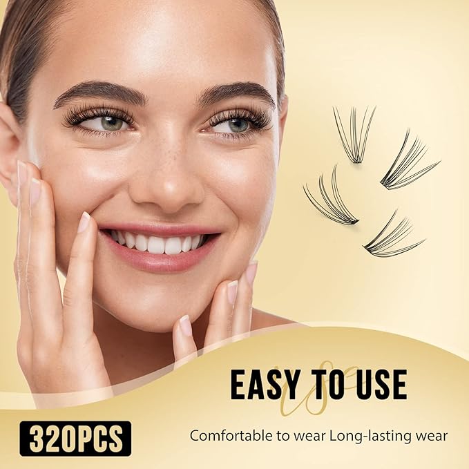 QUEWEL Lash Clusters 320Pcs Cluster Lashes 10D+20D D Curl Lash Cluster Eyelash Extensions Mix9-16mm Individual Eyelashes Clusters Wispy Lash Clusters Thin Band Soft to Use at Home(10D+20D D Mix9-16)