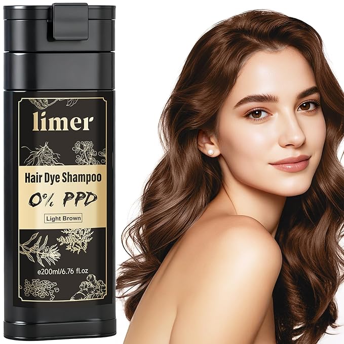 Limer Hair Dye Shampoo Light Brown Color, PPD-Free for Sensitive Scalp, 6 in 1 Herbal Gentle Formula Gray Coverage for Men Women, Ammonia-Free, Semi-Permanent (6.76fl oz/200ml)