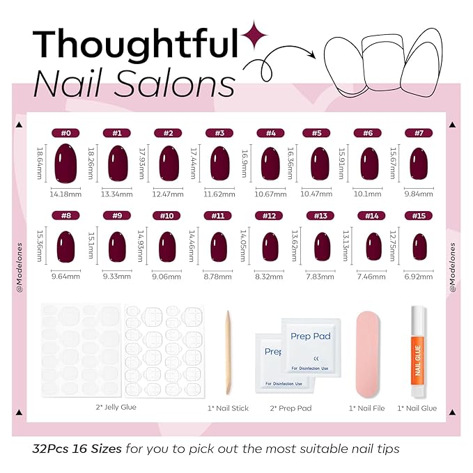 modelones Short Press on Nails, Oval Fake Nails Kit Press Ons with Nail Glue, Adhesive Tabs, Nail File, Prep Pad, Manicure Stick, 32Pcs 16 Sizes, Burgundy, Valentines