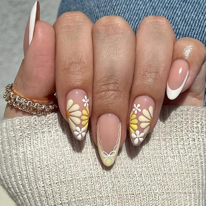 XZMeiLun French Tip Press On Nails Spring Summer Acrylic Nails for Women - Yellow Flower Designer Fake Nails Medium Almond 24Pcs, Outdoor Picnic/Wedding/Party Reusable Glue On Stick On Nails