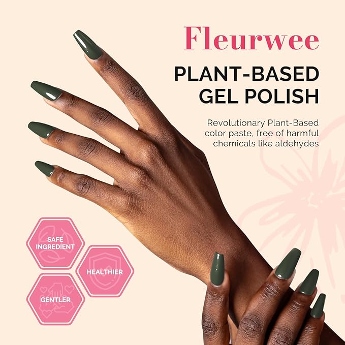 MelodySusie Fleurwee Plant Based Gel Nail Polish, Hema Free Dark Olive Green Nail Polish, Soak Off UV LED Gel Polish Gifts for Women 21 Non Toxic Long Lasting Nail Art Manicure Salon DIY at Home P08