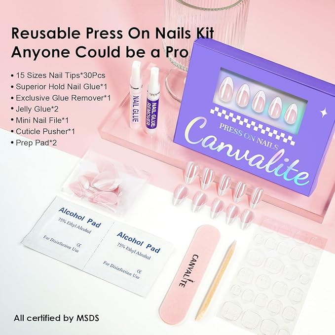 Canvalite French Tip Press On Nails Short, Chrome Almond Press on Nails Reusable Acrylic Fake Nails with Glue & Glue Remover Easy to Use 30Pcs Manicure Kit for Women, Natural White