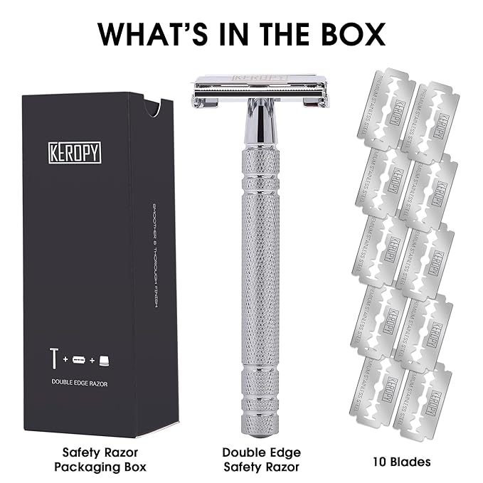 KEROPY Men's Safety Razor Double Edge with 10 Blades – Reusable Metal Shaver for a Close, Smooth & Irritation-Free Wet Shave, Eco-Friendly Grooming Kit for Men