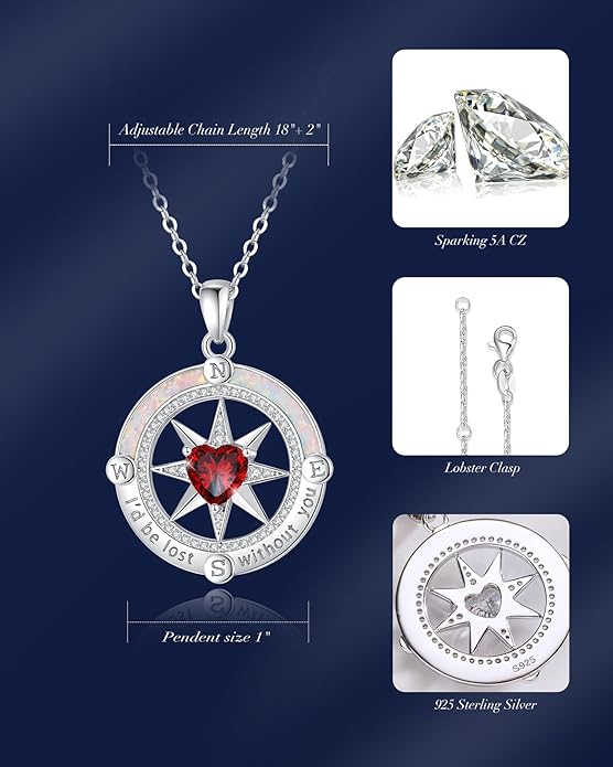 FANCIME Compass Necklace for Women Sterling Silver Compass Jewelry Opal Pendant Fine Jewelry Gemstone Birthday Christmas Gifts for Wife