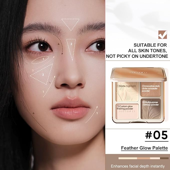 JUDYDOLL Highlight & Contour Palette, All-in-One Matte Highlighter Contour Compact, stocking stuffers, Blendable Makeup for Beginners, for All Skin Tones (05 Feather Glow Palette)