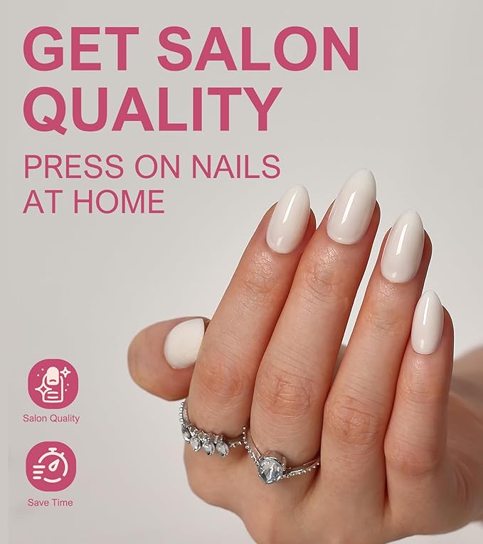 Morily 30Pcs Press on Nails Almond, Milky White Fake Nails Short Glossy Acrylic False Nails Reusable Full Cover Stick on Nails for Women, 15 Sizes, Thicker Fingertips