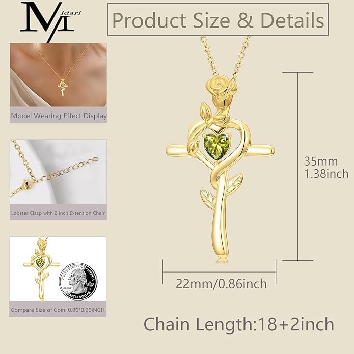 Midari 18K Yellow Gold Cross Pendant Rose Birthstone Necklaces for Women Christian Cross Jewelry with 12 Months Birthstone Birthday Gifts for Wife Her Daughter Mom