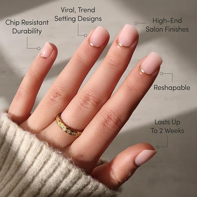 Glamnetic Press On Nails - Quiet Luxury | Super Short Neutral Fake Nails with Gold Reverse French Tip, Extra Short Salon Quality Nude Nails | 12 Sizes - 30 Nail Kit with Glue