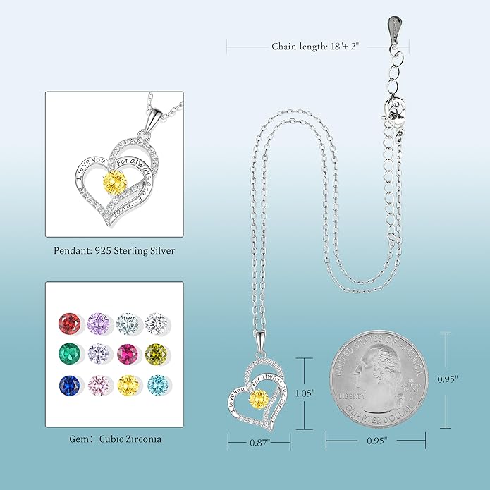 LynChoe Birthday Gifts Double Heart Birthstone Necklace for Women, S925 Sterling Silver Pendant Necklace Jewelry for Her Mother Mom Wife Girlfriend