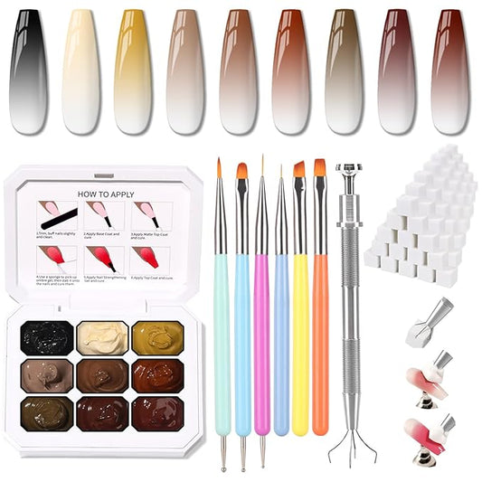 Karroy Patting Gel Nail Polish Set, 9 Colors Ombre Gel Polish Palette 100pcs Sponges 6pcs Brushes 1 Grabber, Colors Blending Painting Art, No Wipe, UV/LED Cured (Set 02)