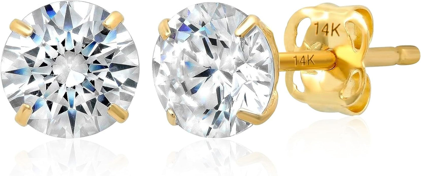 14k Gold Solitaire Round Cubic Zirconia Earrings Studs for Women & Men | Anti Tarnishing CZ Stud Earrings with 14k Gold Butterfly Pushbacks | 4MM-7.5MM by MAX + STONE