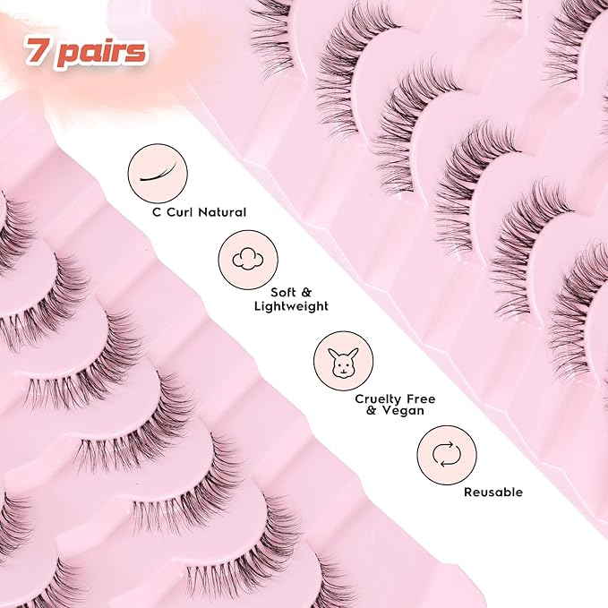 Siligli Eyelashes Natural False Lashes 14mm Eye Lashes with Thin Band 3D Volume Fake Eyelashes C Curl Wispy Lashes Natural Look 7 Pair