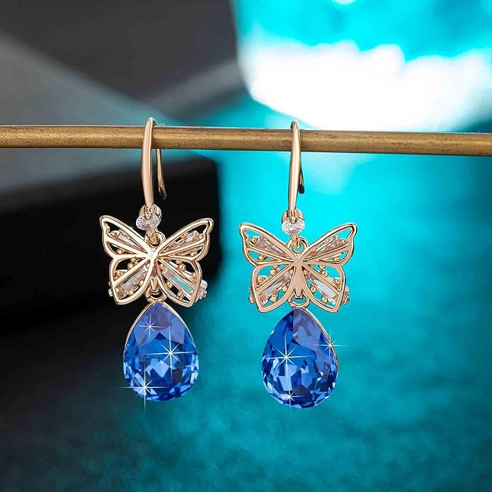 Austrian Crystal Teardrop Butterfly Drop Dangle Earrings for Women 14K Rose Gold Plated Hypoallergenic Jewelry