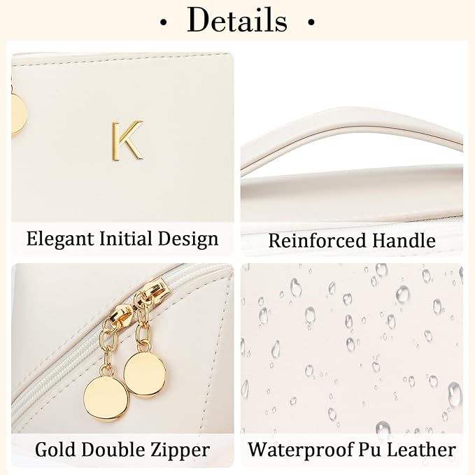 Gifts for Women Bridesmaid Gifts Personalized Initial Makeup Bag PU Leather Cosmetic Waterproof Travel Toiletry Bag (Medium)