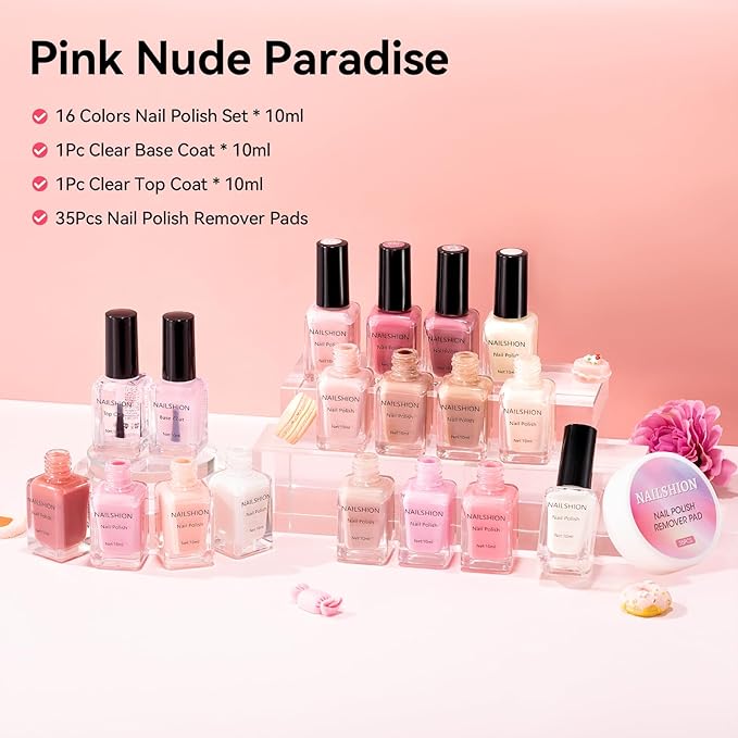 Nailshion Nail Polish Set with Base-Top Coat 16 Colors Nude Pink Beige Rose Neutral Collection Skin Tones Milky Fingernail Polish with Remover Pads, Nail Art Manicure Salon DIY at Home for Women