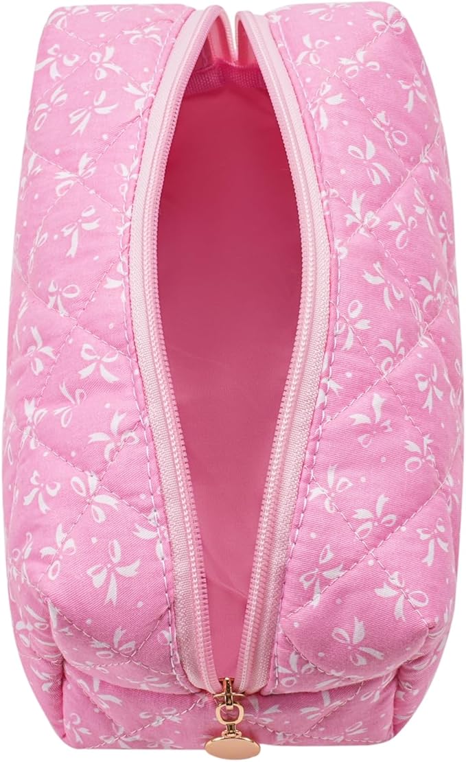 Cute Floral Makeup Bag Small Cotton Quilted Cosmetic Bag, Aesthetic Essential Bag Emergency Bag Gift for Women Girls Travel Accessories (Pink)