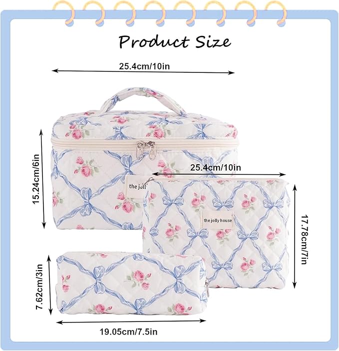 LAKSMI 3PCS Cotton Quilted Floral Makeup Bag Set for Women, Cute Make Up Bags with Brush Pockets, Large Wide-Open Toiletry Pouch Gifts for Toiletries Accessories Travelling Essentials
