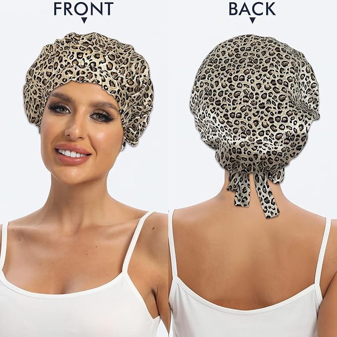 Cocheng 100% Mulberry Silk Bonnet for Sleeping Double Layer Silk Sleep Cap with Adjustable Tie Band 19 Momme Breathable & Adjustable Hair Bonnet (Leopard)