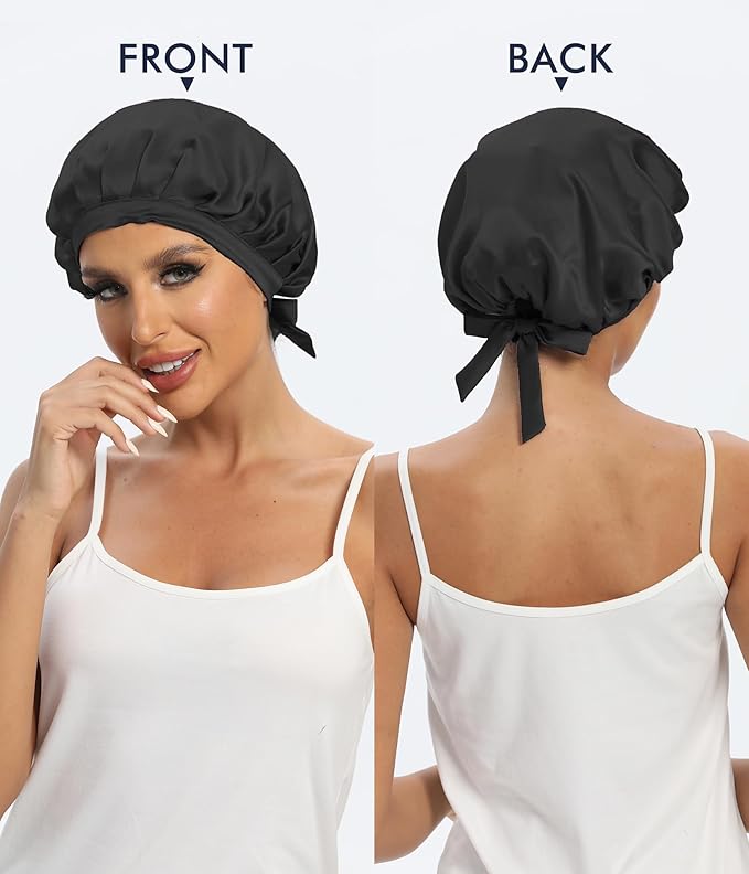 Cocheng 100% Mulberry Silk Bonnet Double-Sided Silk Sleep Cap with Adjustable Ribbon 19 Momme Bonnet for Sleeping(Black)