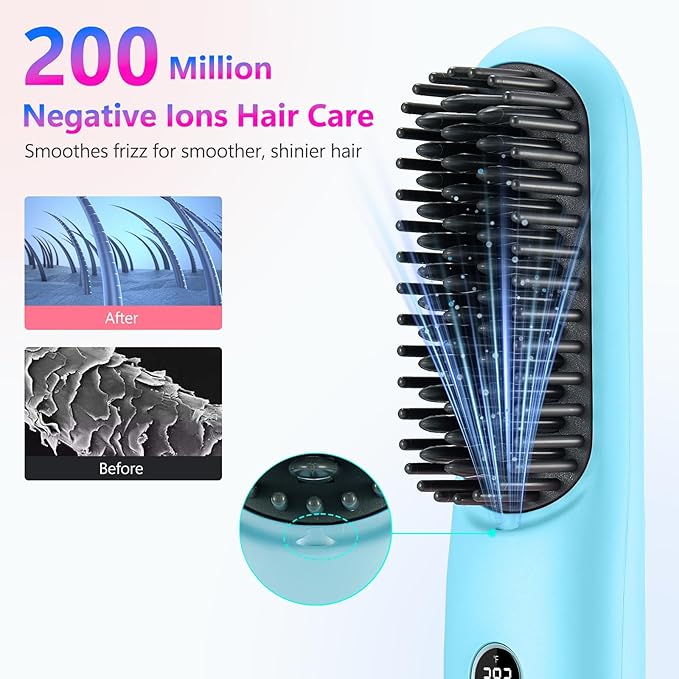 STUDLLY LCD Screen Cordless Hair Straightener Curler 2 in 1, Portable Mini Hair Straightening Brush for Travel Negative Ionic Fast Heating Hot Comb for Women, Folding Brush with Mirror, Blue