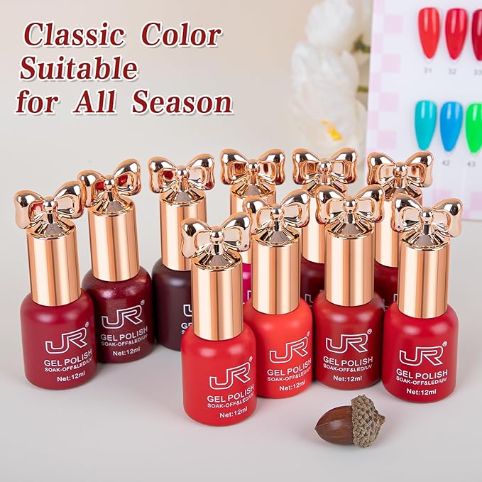 JR 12ml 10colors HEMA Free Red Gel Nail Polish Set Long Lasting Soak off UV Gel Polish Kit Nail Art DIY Manicure Salon Home Gifts for Women D Model