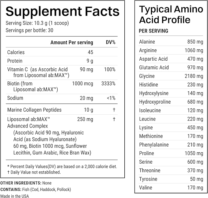 Haroutine Advanced Marine Collagen Powder Plus Liposomal Vitamin C, Hyaluronic Acid & Biotin, Sugar-Free Type I Collagen Supplement for Skin, Hair, Nails, Joint & Gut Health - 30 Servings, Unflavored