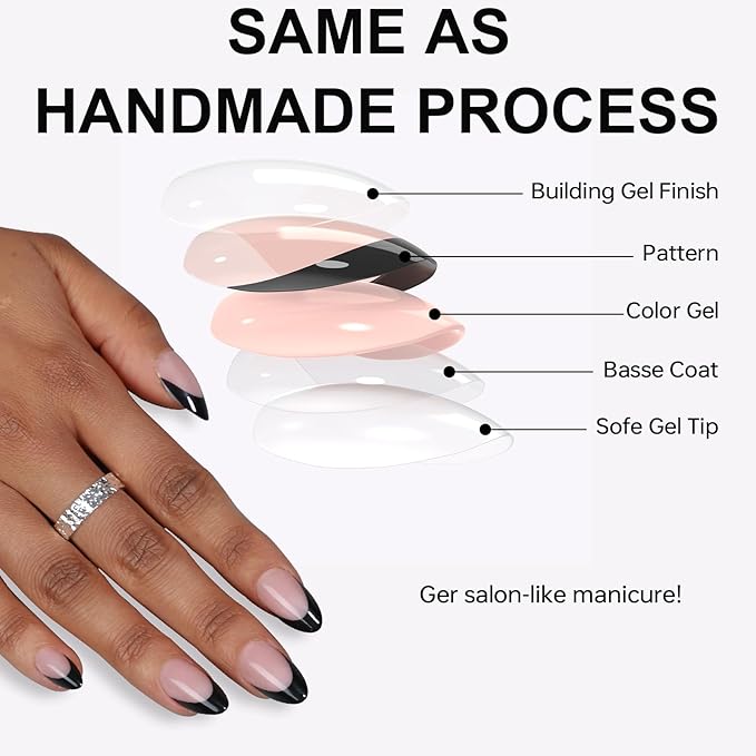 Black French Tip Gel Press On Nails Almond Short 16 Sizes Fake Nails 32Pcs Glossy, Nail Glue Included