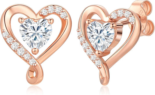 Zifeel Earrings for Women, S925 Sterling Silver Rose Gold Birthstone Heart Studs Earring for Girlfriend Wife, Anniversary Birthday Christmas Valentines Mothers Day Gifts Jewelry for Women Wife Her Mom