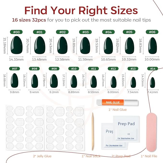 Modelones Dark Green Press on Nails Almond, Short Almond Fake Nails, Reusable Nail Kit with Nail Glue Adhesive Tabs Mini Nail File, Nails Press Ons 32Pcs 16 Sizes