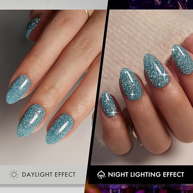 SHANGMENG Glitter Peacock Blue Press on Nails Almond Short with Sparkling Diamond - Soft Gel Fake Nails for Women Gift, Glossy Stick On Nails with Glue in 16 Sizes - 32 Reusable Nails, Peacock Blue