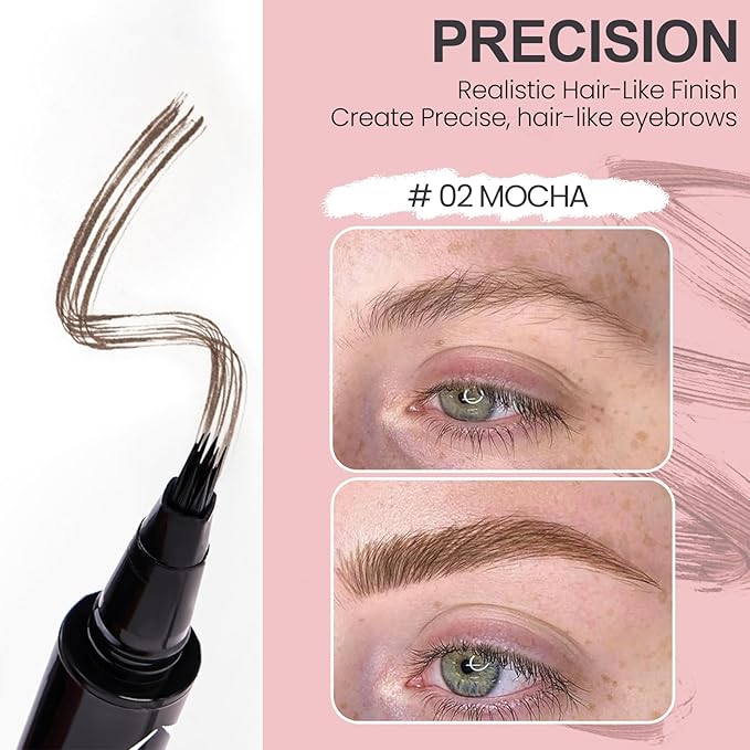 Eyebrow Pen, 3D Multi-Forked Eyebrow Pencils for Women, Waterproof Liquid Brow Pencil with Angled Brow Brush for Hair-Like Strokes, 24hrs Long Lasting Quick Dry Touch-Up Eyebrow Pen, Easy to Use- #02