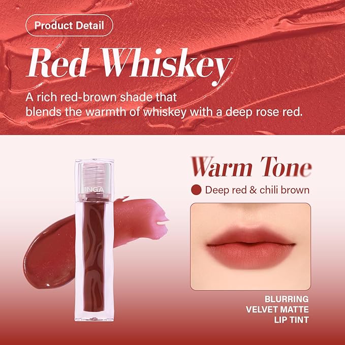 INGA Blurring Velvet Matte Lip Tint - Soft-Blur Matte Finish, Waterproof, Transfer-Proof, Long-Lasting Lip Stain, Lightweight Buildable Color with Hydrating Comfort (Red Whiskey)