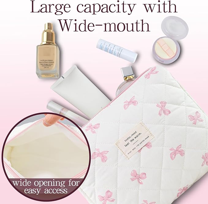 Makeup Bag, 3 PCS Quilted Makeup Bag, Cute Floral Cotton Cosmetic Bag set, Coquette Makeup Pouch Large Travel Toiletry Bag