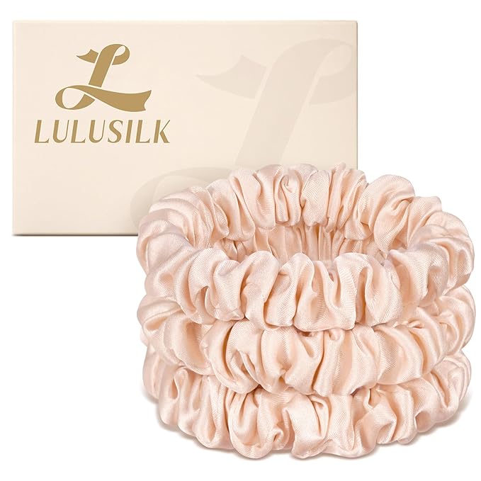 LULUSILK Small Silk Hair Ties No Damage, 100% Real Mulberry Silk, Skinny Scrunchies Ponytail Holders for Thin Fine Hair, Lotus Pink, Pack of 3