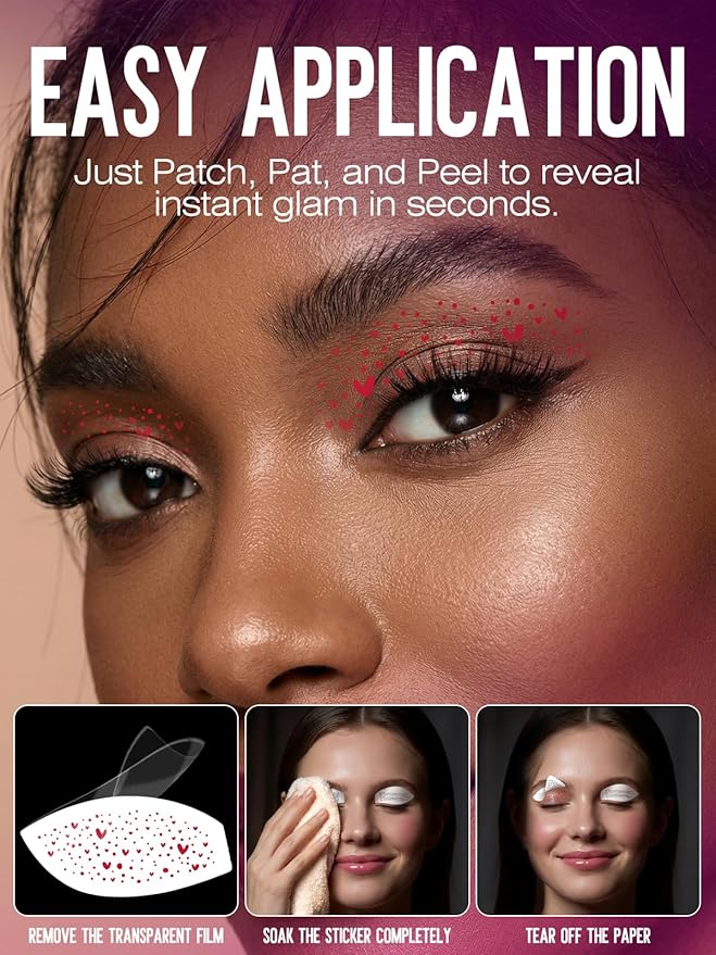 Valentine's Day Eye Speckles & Glitter Freckles Makeup Patches with Red Heart Designs, Cute Makeup Accessories for Women, Cosmetic Glitter for Face(6 Pairs)