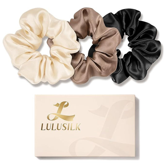 LULUSILK Silk Scrunchies for Hair Sleep, 100% Real Mulberry Silk, No Damage Hair Ties for Women and Girls, Basic Collection, Pack of 3