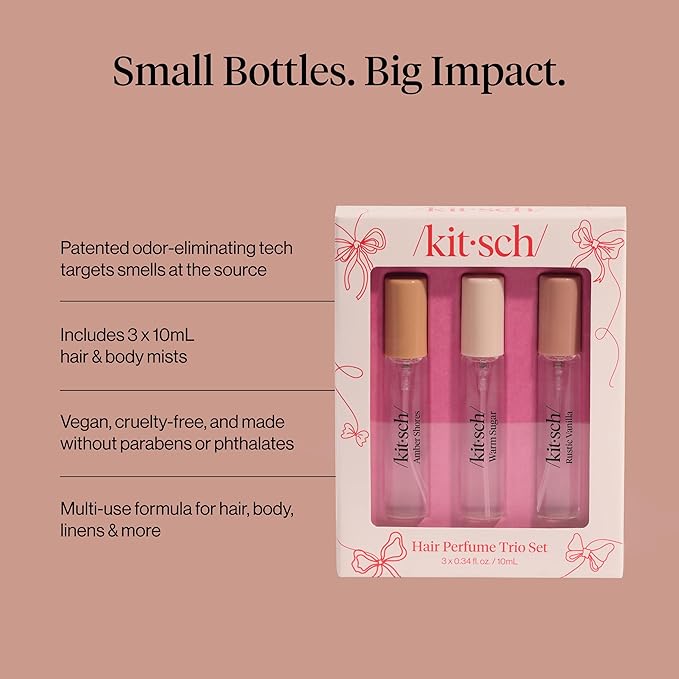 Kitsch Hair Perfume for Women - Trio Set | Clean, Deodorizing & Patented Odor-Eliminating Technology Hair Spray & Body Mist - Freshen Hair, Pillows - Amber Shores, Warm Sugar, Rustic Vanilla, 3x10mL