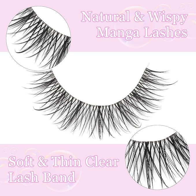 outopen 10 Pairs Manga Lashes Natural Look Clear Band Lashes Japanese Anime Eyelashes Asian Style False Eyelashes Wispy Thin Band False Lashes Korean Makeup Fake Eyelashes Fairy Lash Clusters